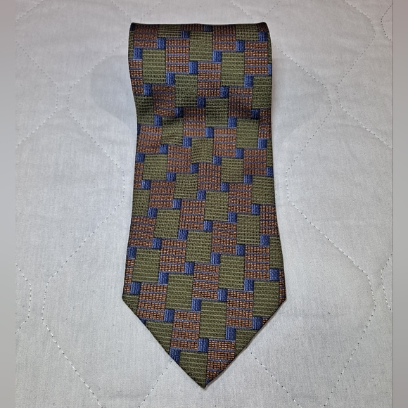 Gianfranco Ruffini 💯 Silk Designer Necktie 58" x 3.75" Green/Gold/Blue Squares - Picture 7 of 9